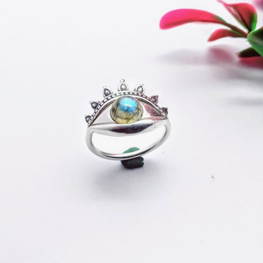 Handmade Natural Labradorite Gemstone Eye Ring, 925 Sterling Silver Eye Ring.