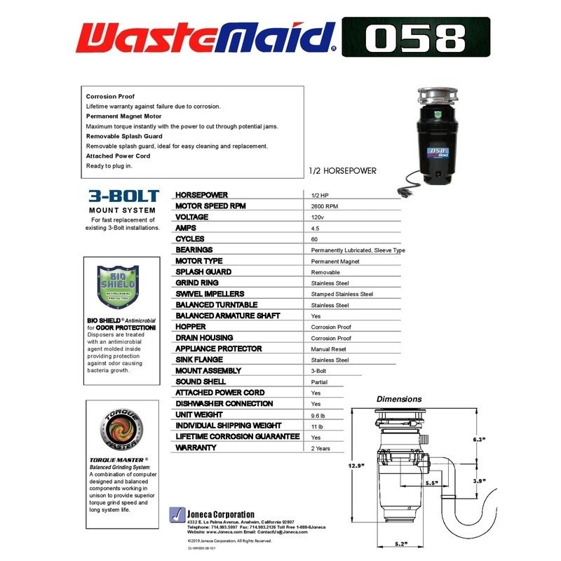 1/2 HP Garbage Disposal Continuous Feed Anti-Jam Bio-Shield Compact Design New