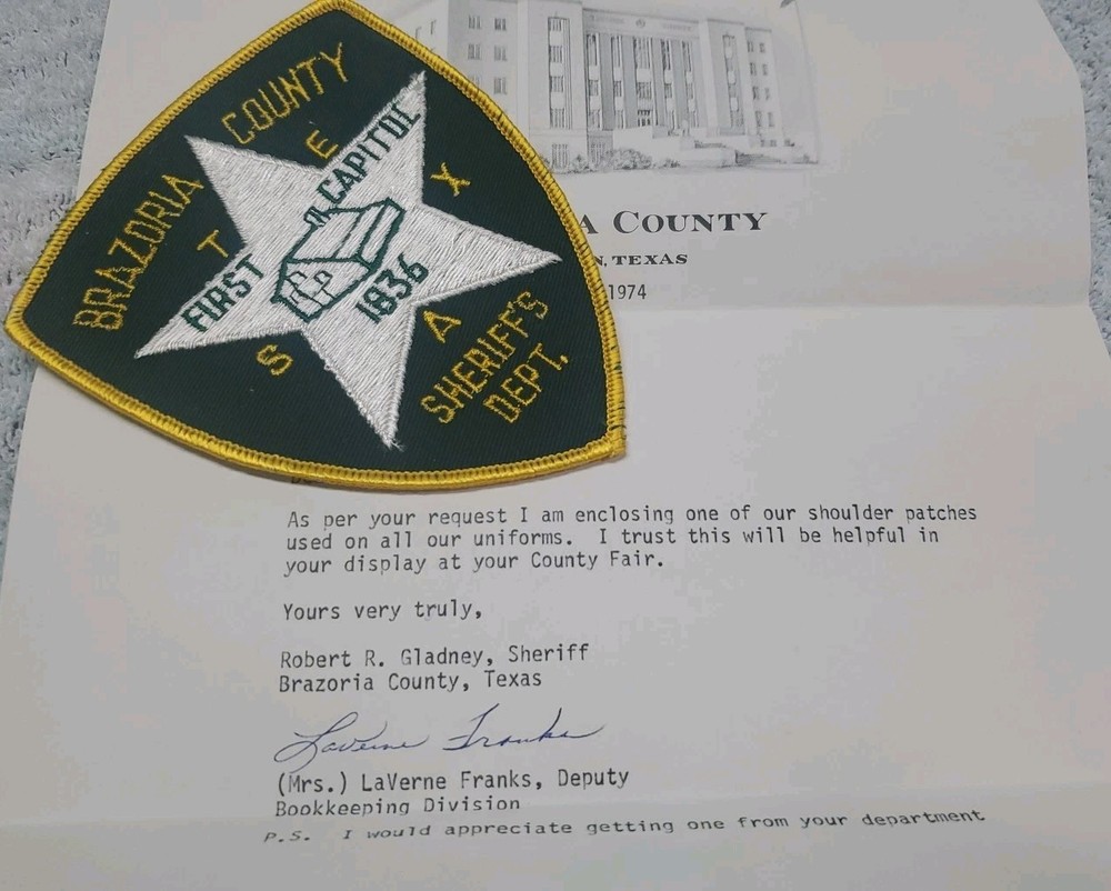 Vtg Obsolete 70s Brazoria CO Texas Sheriffs patch W/ Note
