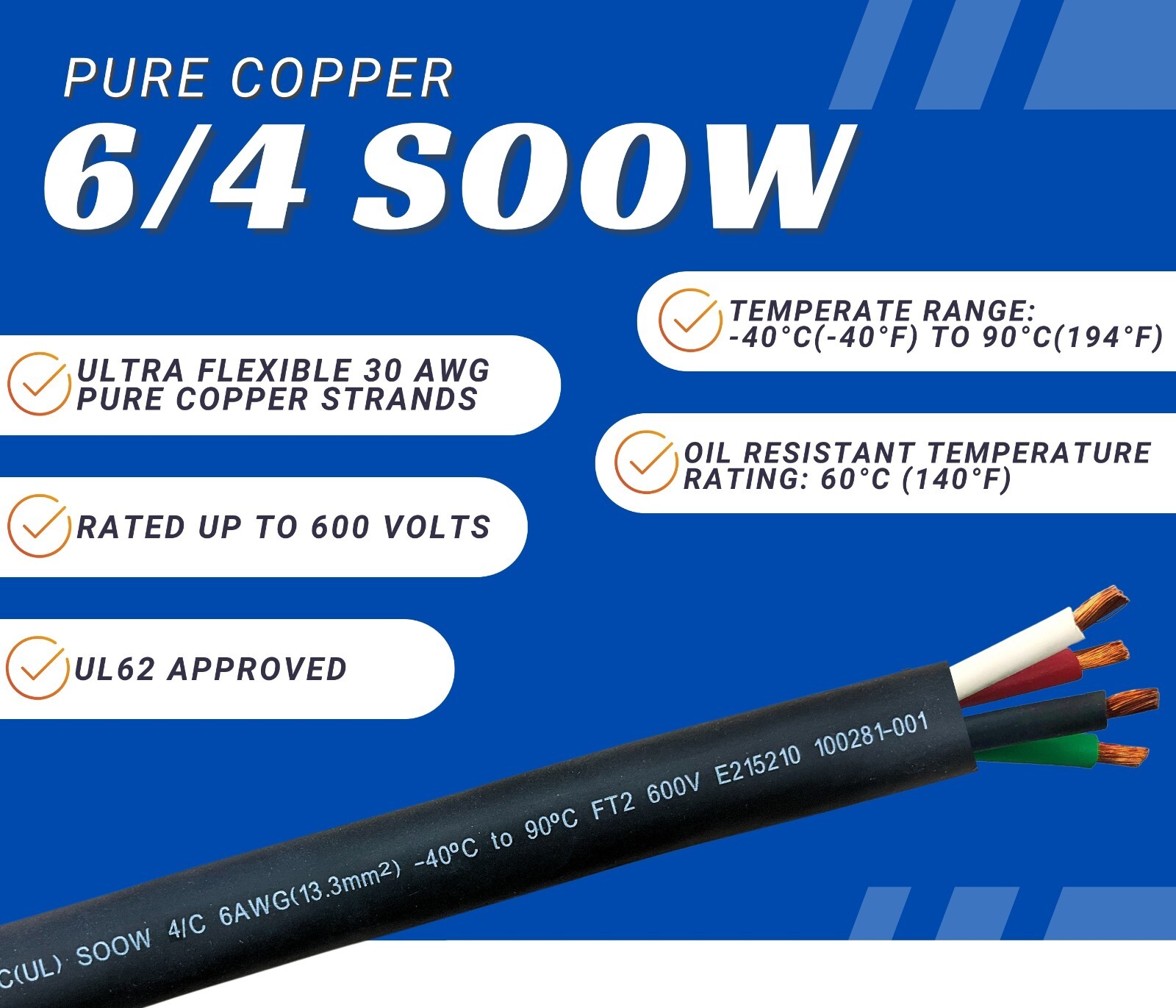 WindyNation 6/4 6 Gauge AWG 4 Conductor SOOW Cable Wire Cord Portable Power 600V