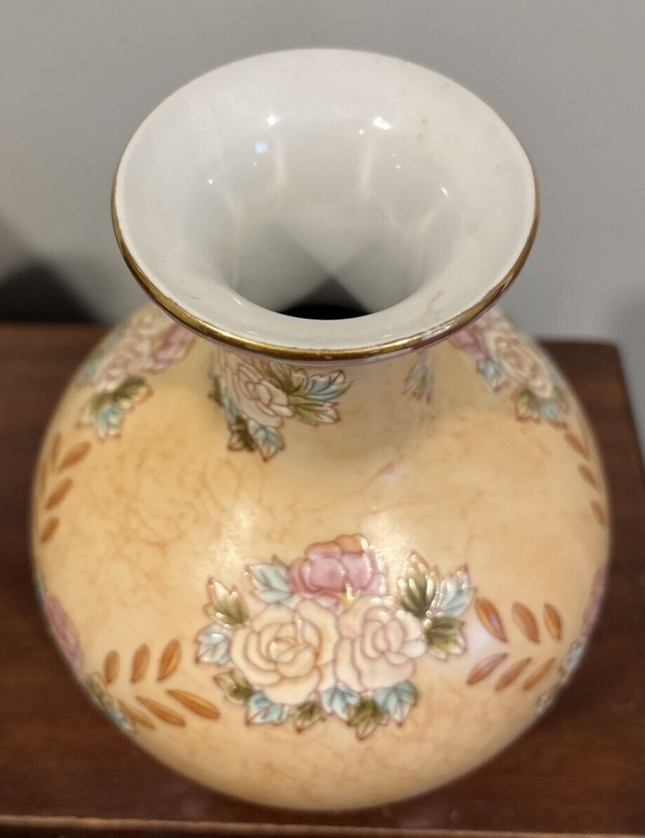 Chinese Porcelain 8" Vase Beige Pastel Embossed Flowers Leaves Pink Peach Blue.