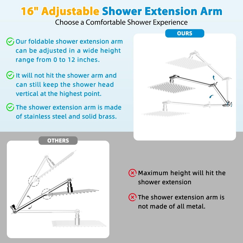 iFealClear All Metal 16" Shower Head Extension Arm, Solid Brass Shower Head E...
