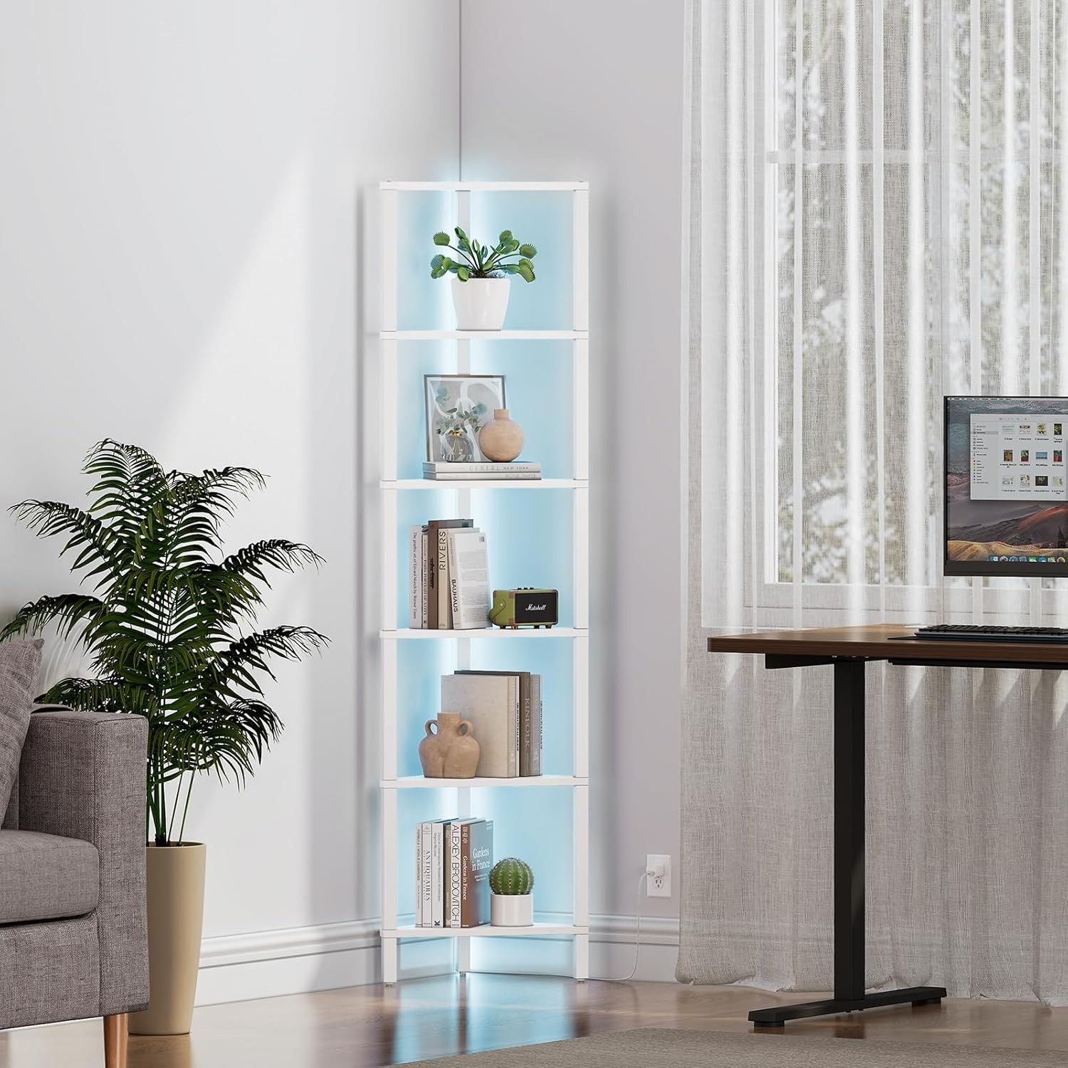 Estantería esquinera de 6 niveles con luz LED, ideal para espacios reducidos, co