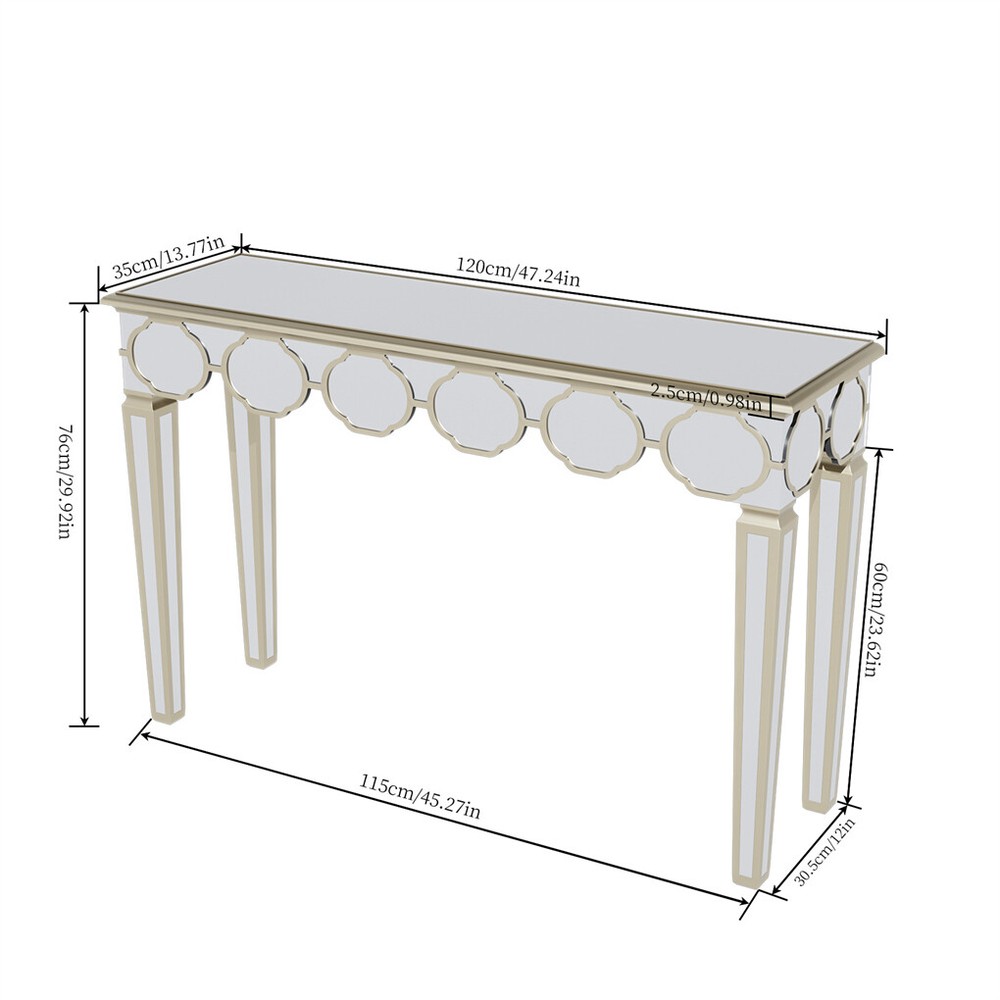 1.2m Ultra Long Mirrored Console Table Gold Rim Lantern Pattern Entryway Table