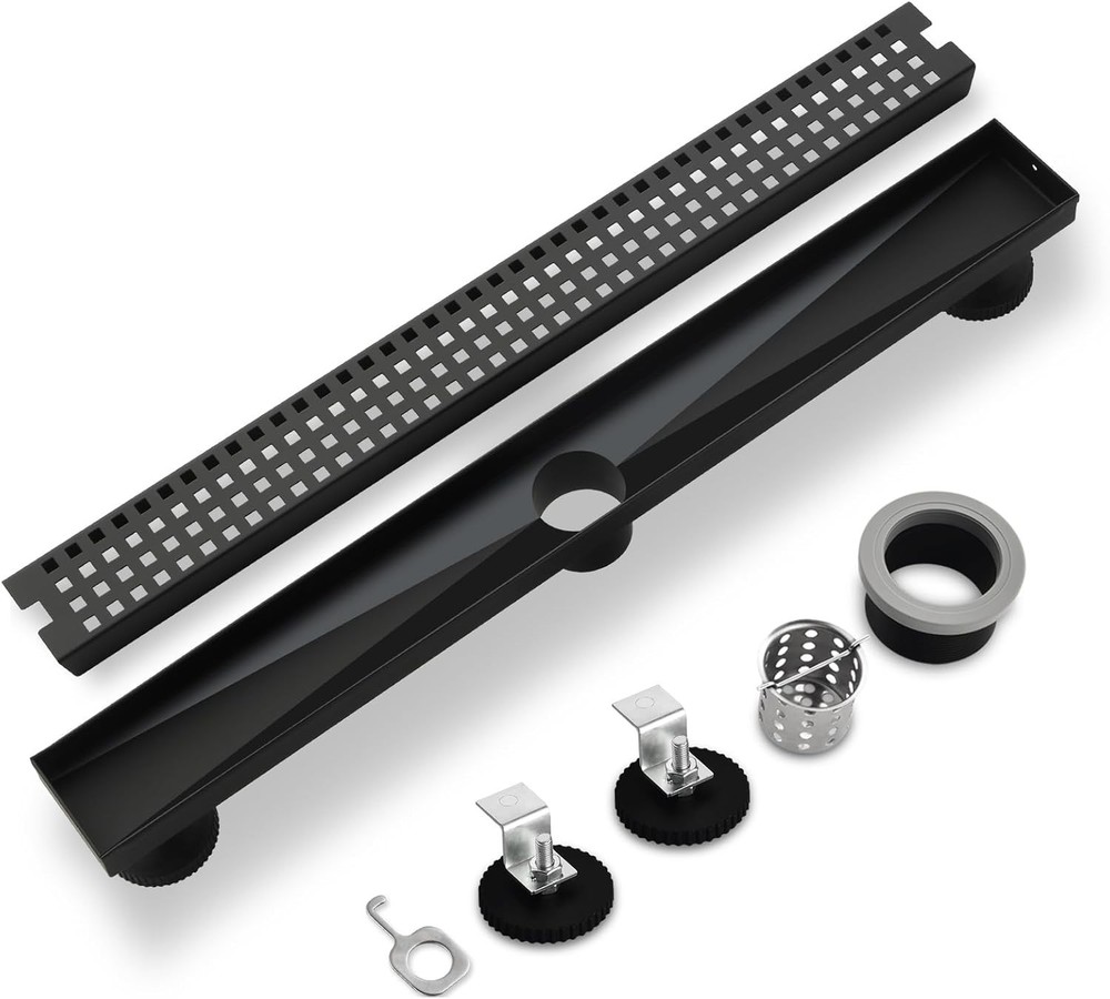 24 Inch Matte Black Rectangular Shower Floor Drain Stainless Steel