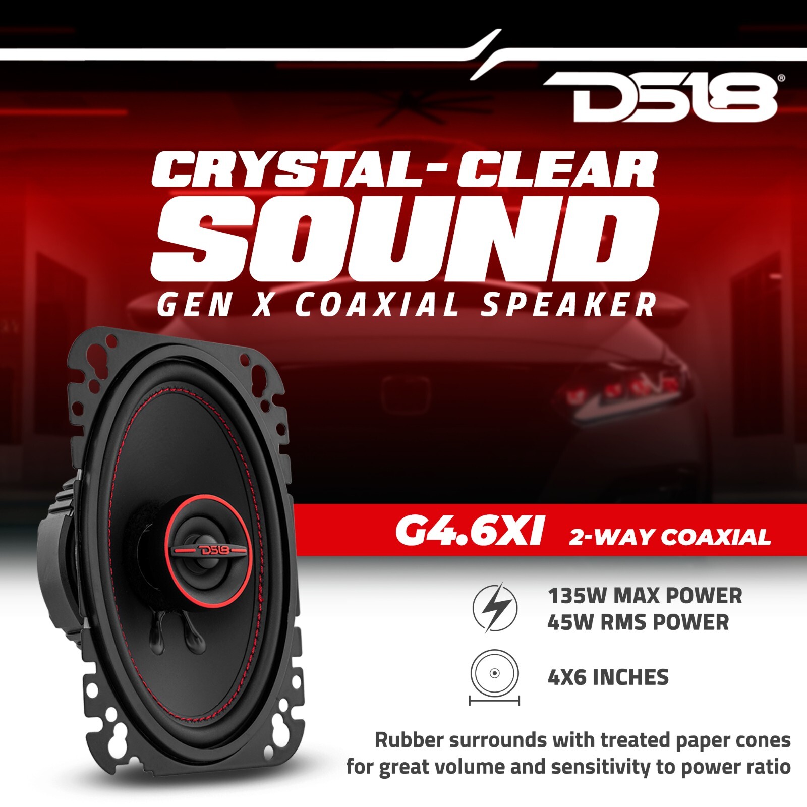 DS18 G4.6Xi 4x6 Car Speakers 2-Way Coaxial Speakers 135 Watts 4-Ohm - Pair