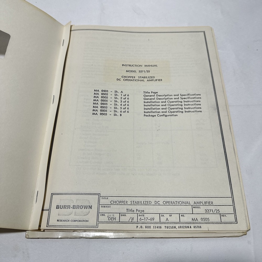 Burr-Brown 3271/25 Chopper Stabilized DC Operational Amplifier Instruction