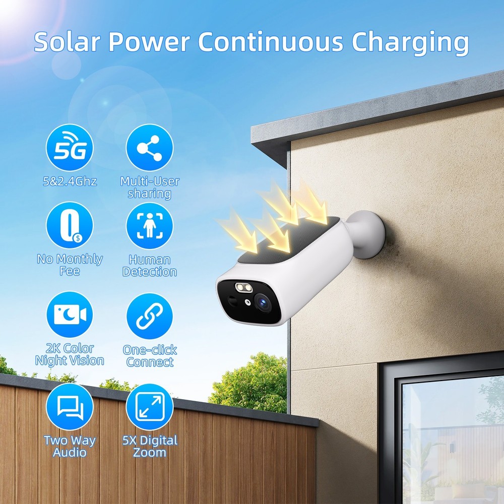 2K Solar Battery Powered Wifi Outdoor Home Security Camera System Wireless