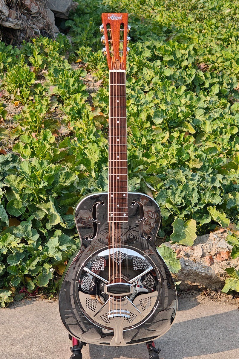 Aiersi O Style Glossy Tree Pattern Brass Resonator Guitar with Hard Case