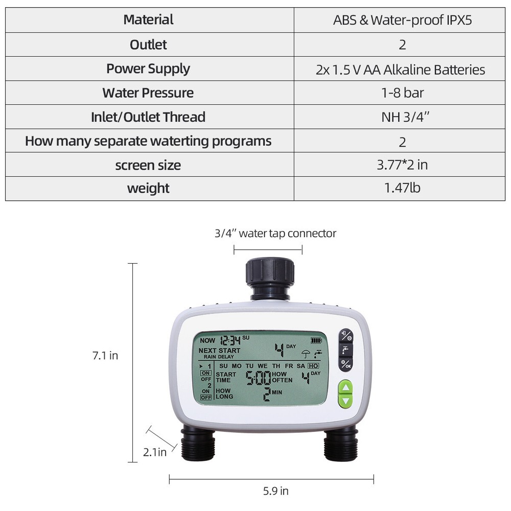 2 Out-lets Irrigation Computer Automatic Water Timer for Garden Plants