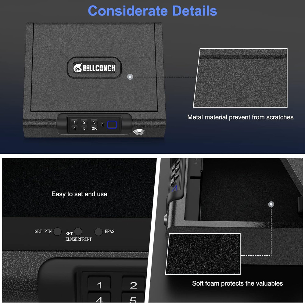 Biometric Handgun Safe with Fingerprint, PIN & Key - Secure Storage Solution