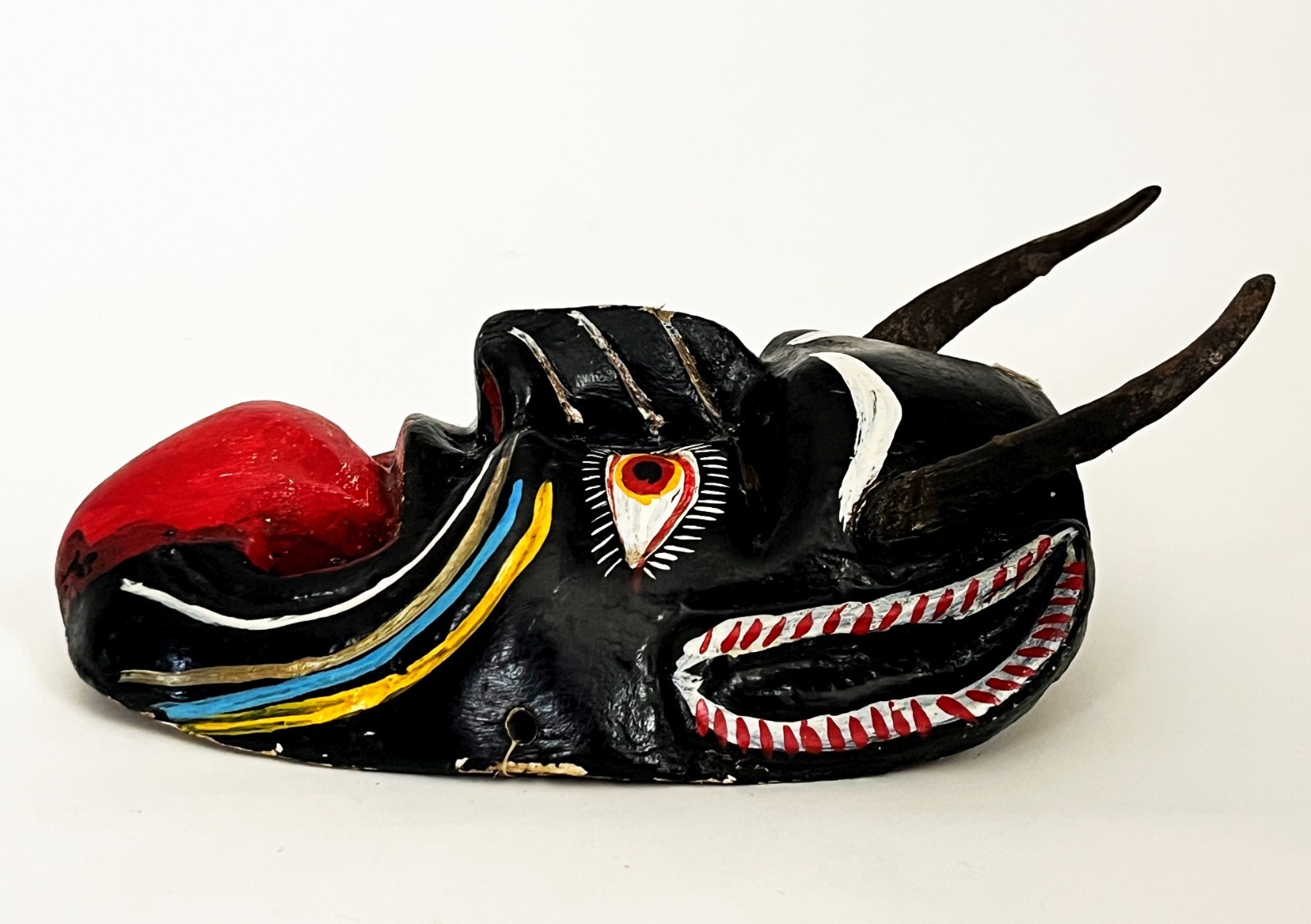 MEXICAN FOLK ART CARVED WOOD BLACK HORNED DIABLO DEVIL DEMON DANCE MASK 14 x 8"