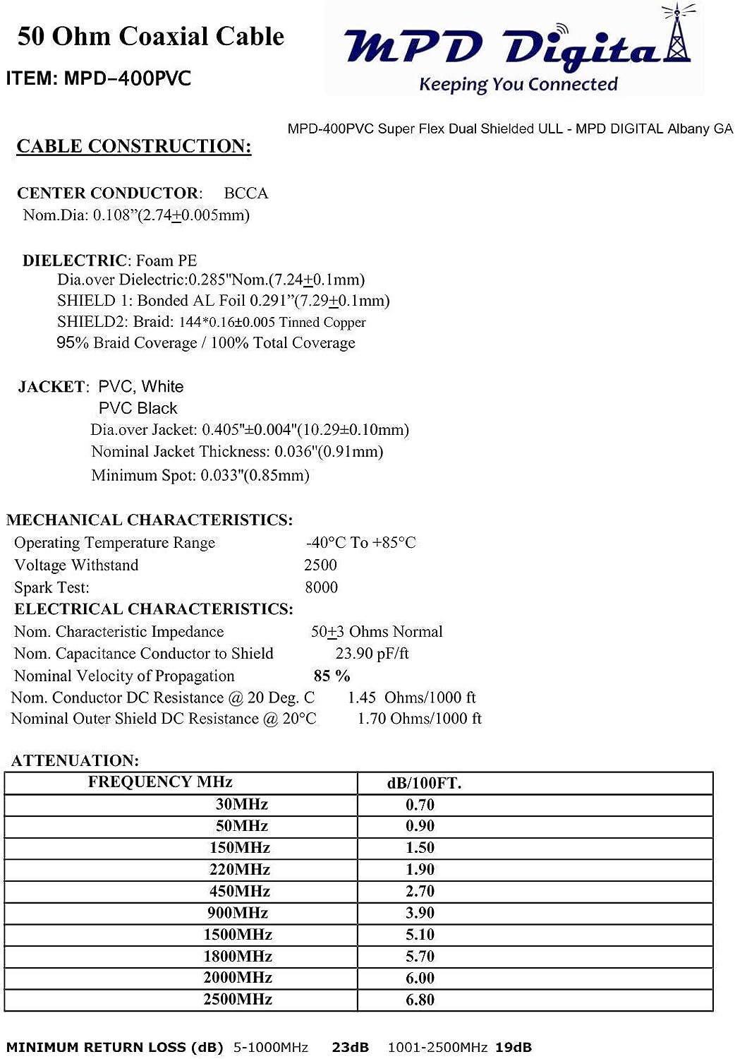 MPD Digital I MPD-400 I Coax Cable with PL259 UHF Male Connectors (30-125 FT)