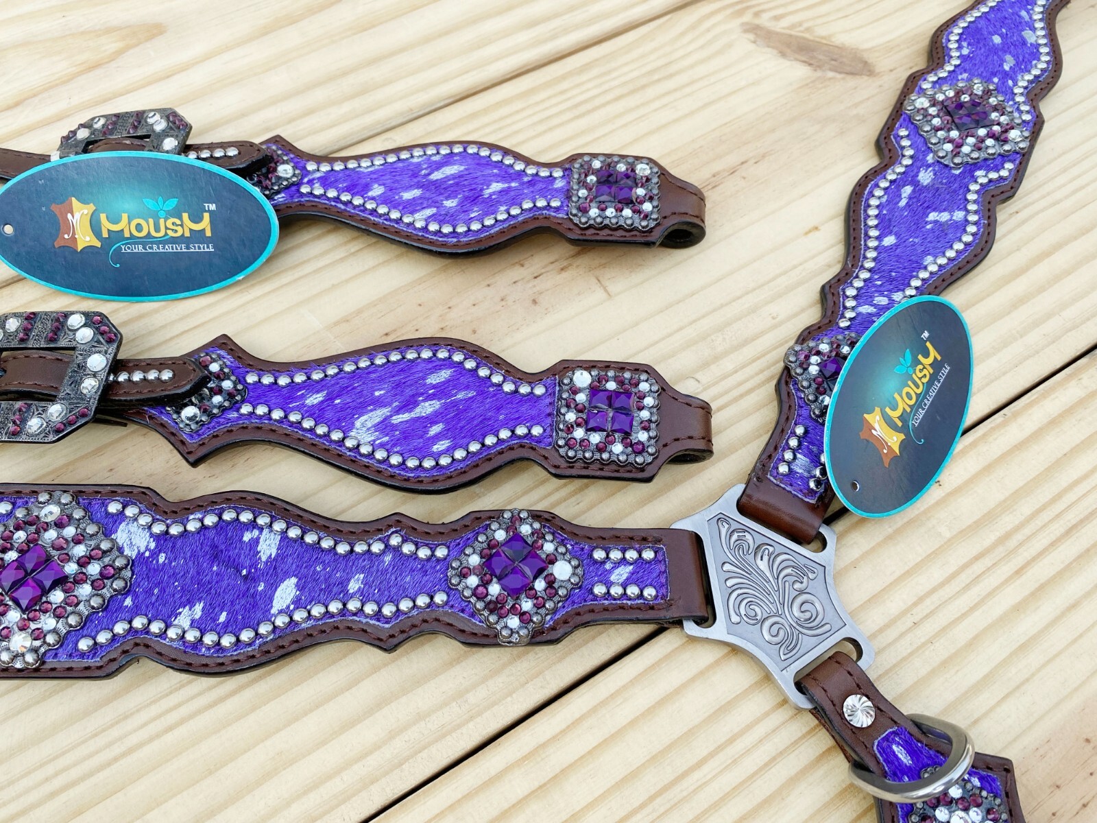 MOUSM Western Leather Headstall and Breast Collar Tack Set for Horses - Purple