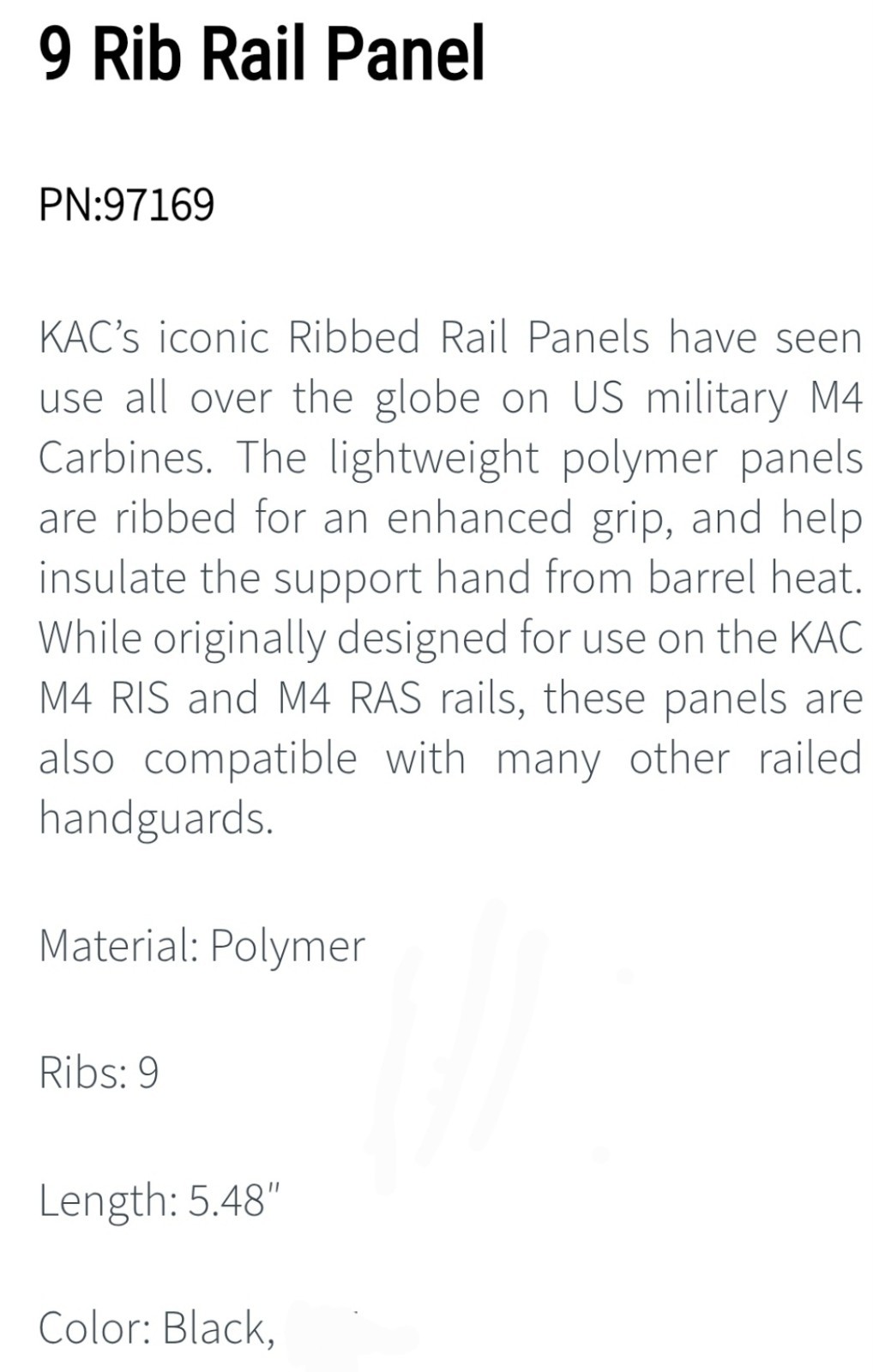 KAC Knights Rib Rail Panel Cover 9 (Military Grade) Unopened