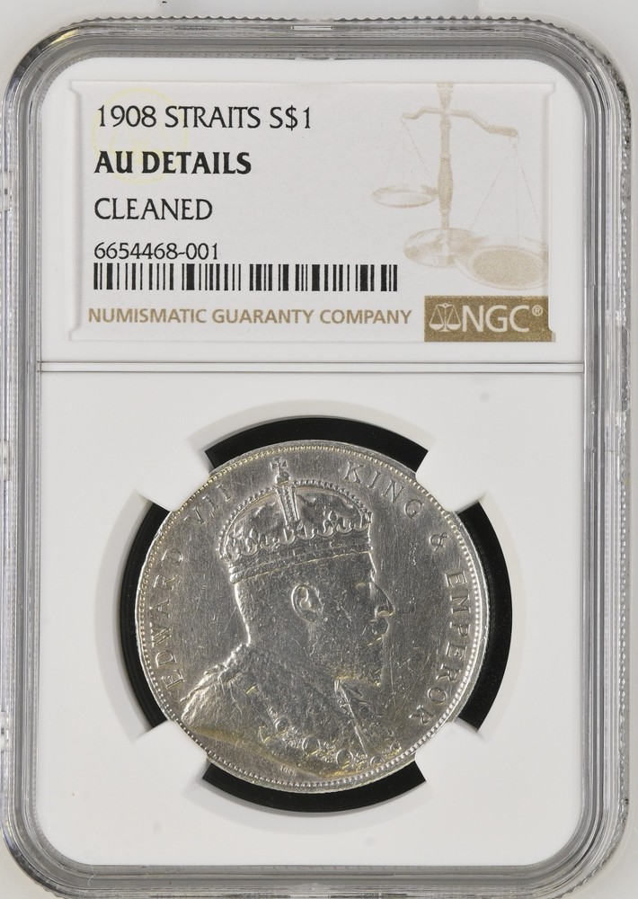1908 Straits Settlements $ 1 Dollar Silver Coin - NGC AU Details - Cleaned