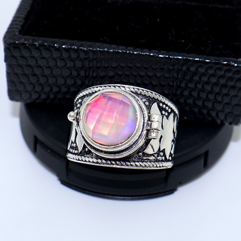 Aurora Opal Poison Ring, 925 Silver Platted Ring, Compartment Pill Box Ring