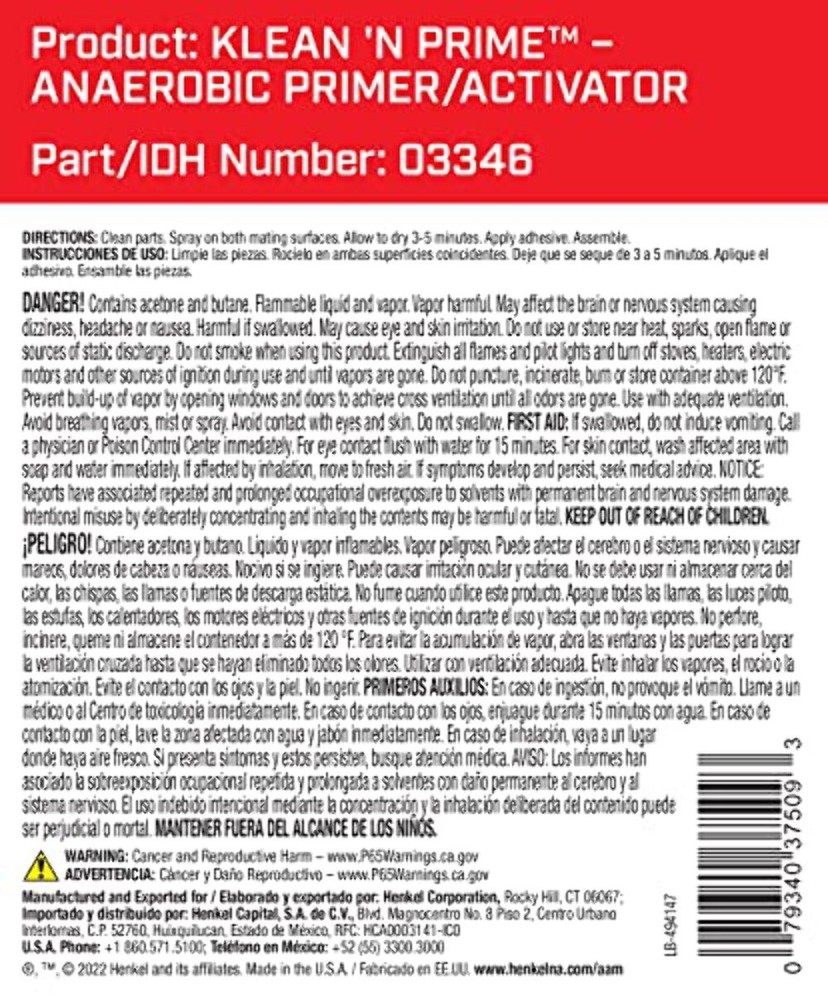 Loctite 7649 Klean N’ Prime: Activator for Anaerobic Adhesives, Decrease Cure Ti