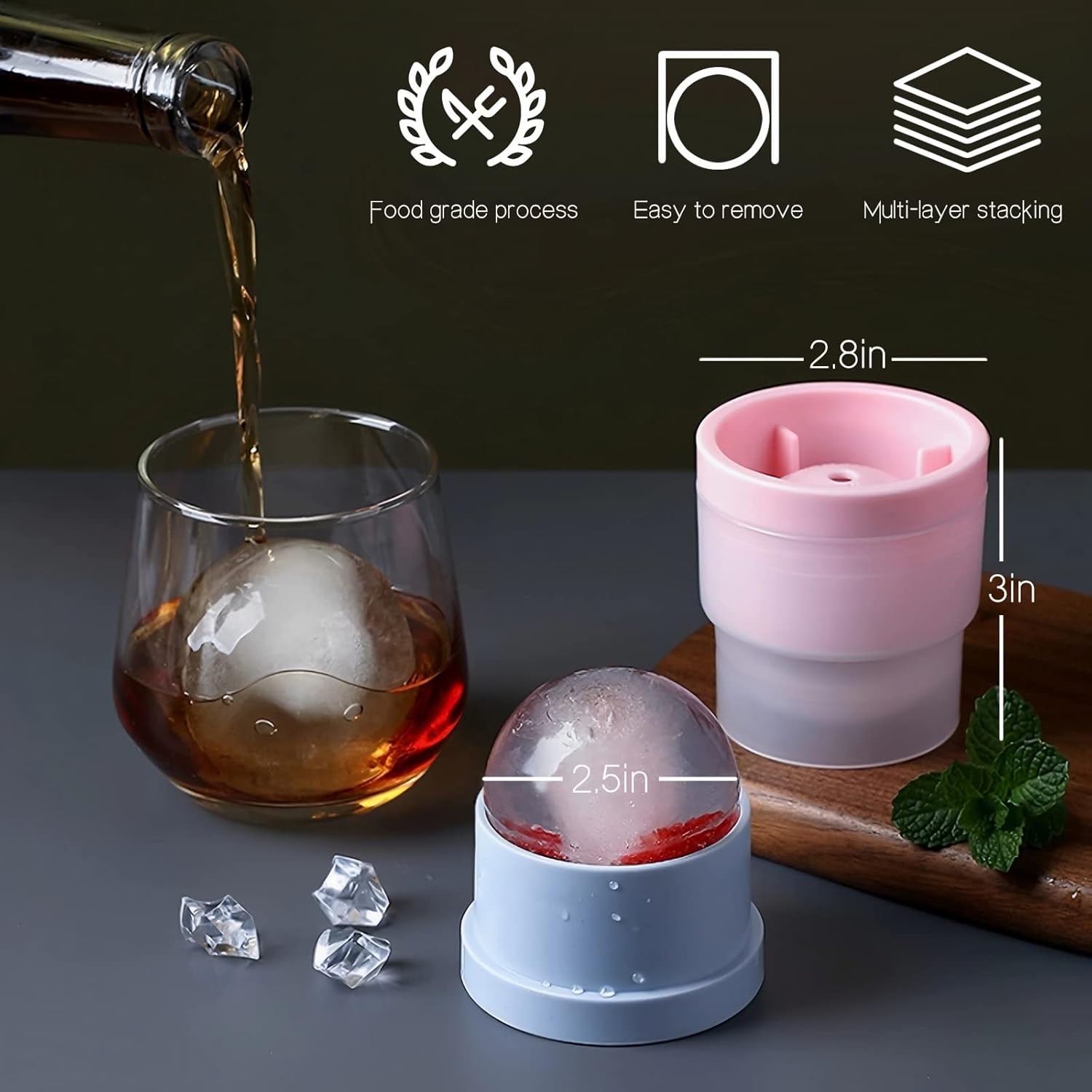 6 Pack Ice Ball Molds - 2.5" Spherical Ice Cube Trays for Whiskey & Cocktails
