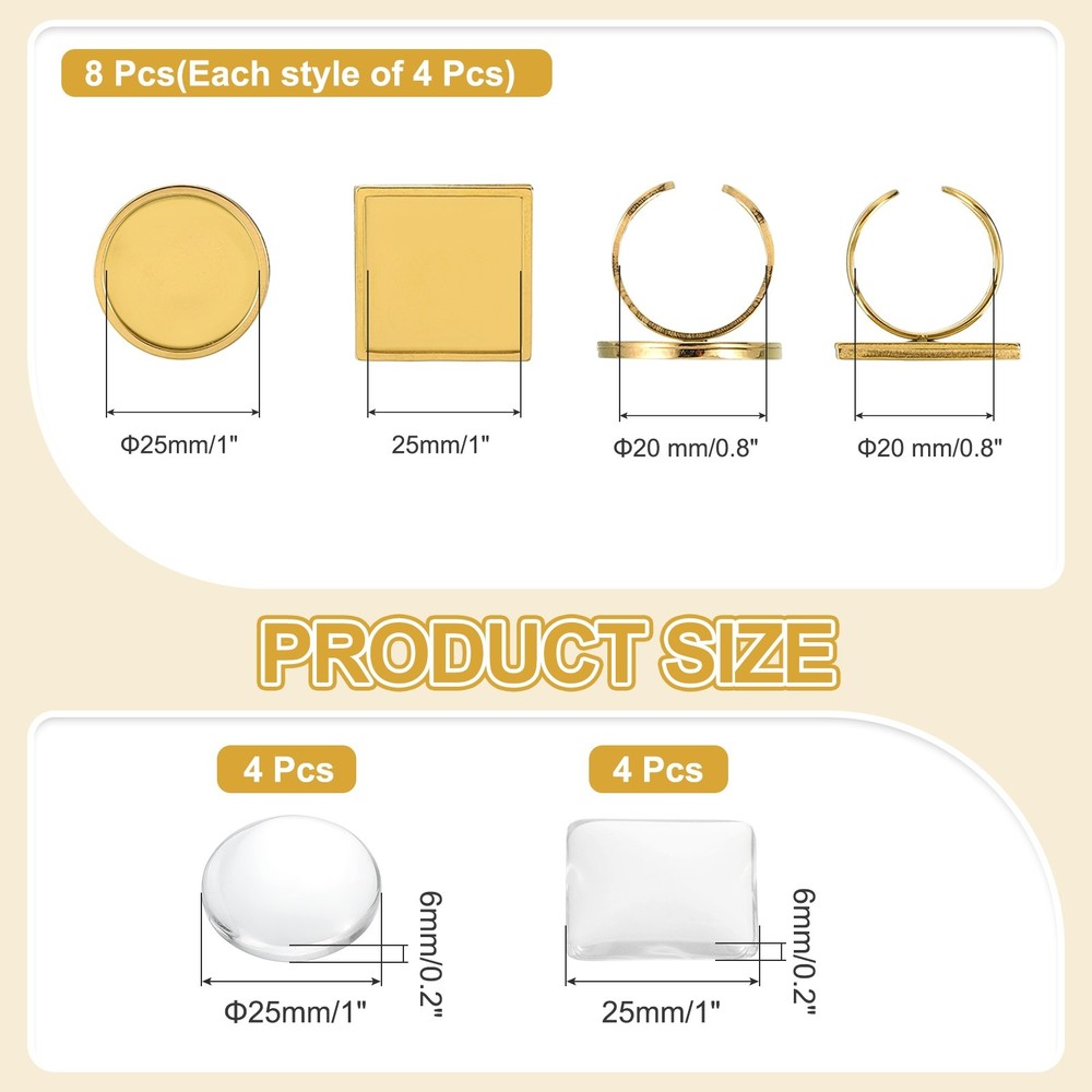 8Pcs Metal Ring Base Blank, 25mm Ring Blank Base with 8Pcs Cabochon(Silver)
