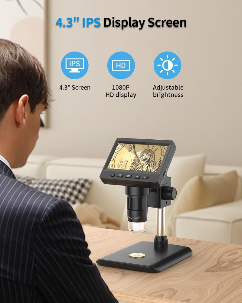 Digital Microscope, Coin Microscope with Light Adjustable Brightness 4.3" HD ...