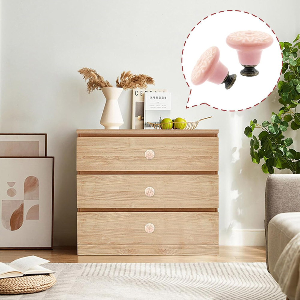 8pcs Pink Vintage Ceramic Kitchen Cabinet Knobs & Pulls - Retro Drawer Handles f