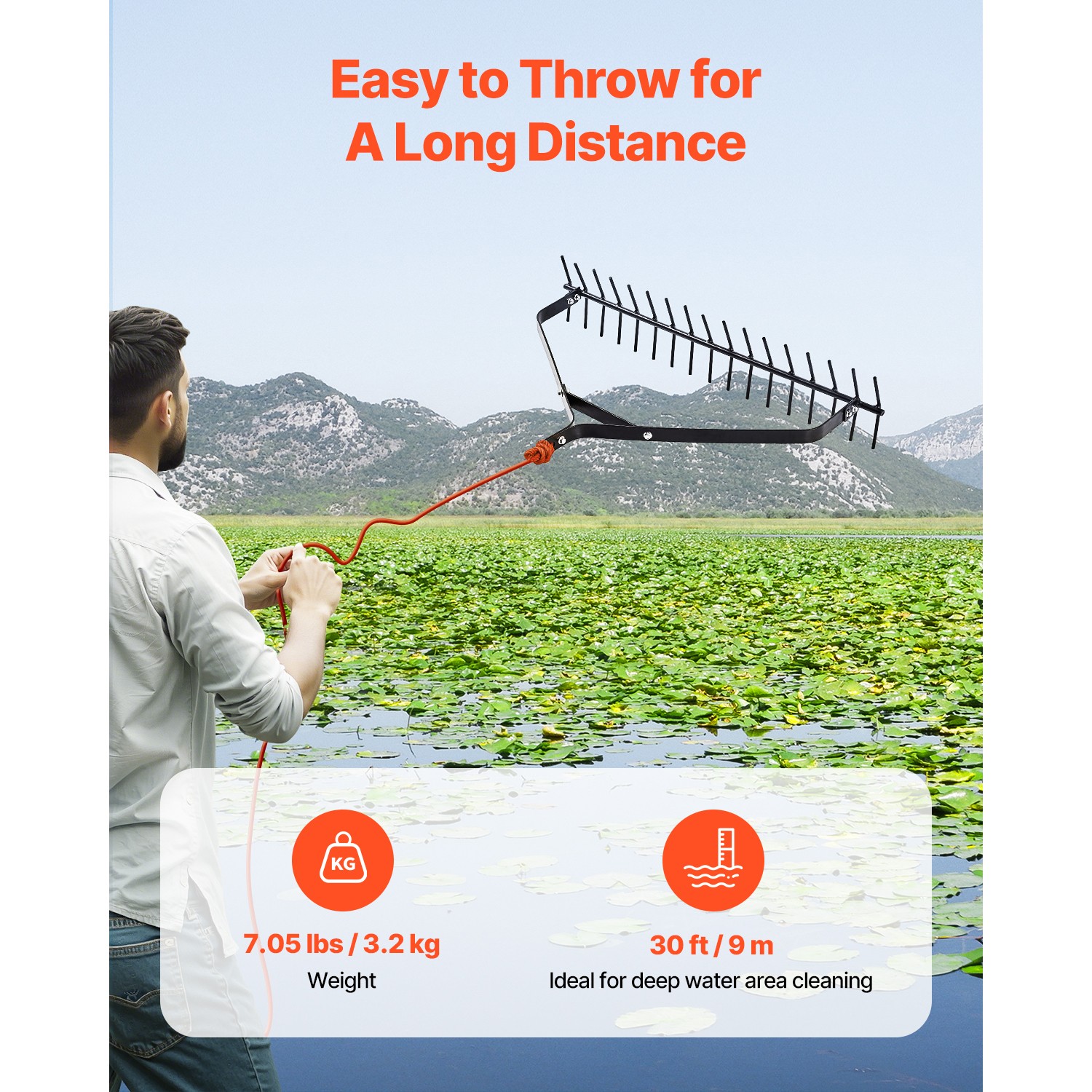 32x6.3 in Pond Aquatic Weed Rake Double-Sided Lake Weed Removal Rake 30ft Rope