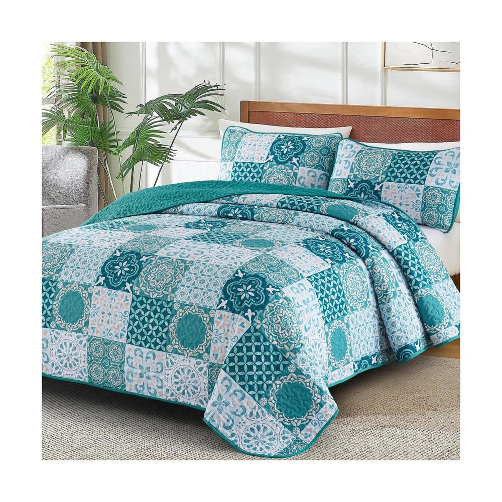 Teal Quilt Set Queen Size, Boho Turquoise Plaid Patchwork Bedspread... Fast Ship