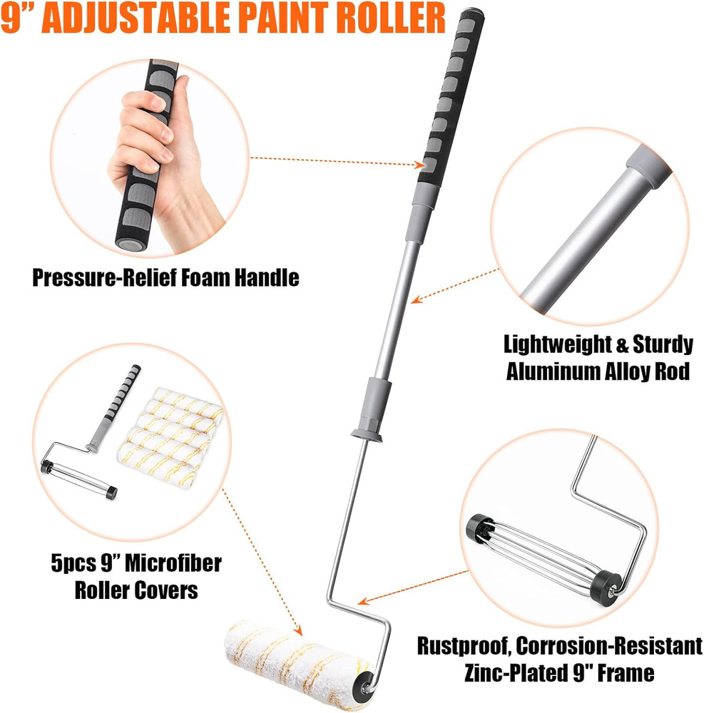 6Pcs House Paint Roller Kit, 9 Inch Extendable Roller Frame with 5 Microfiber Ro