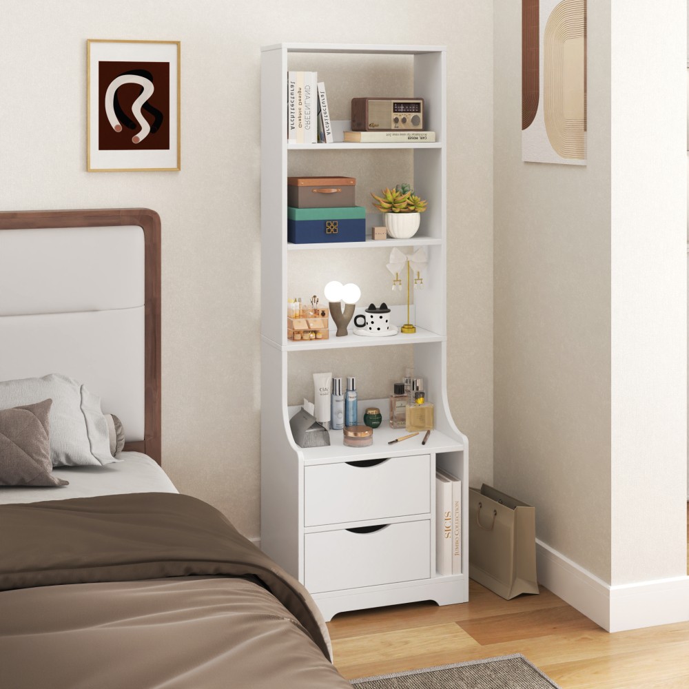 Bedside table with bookshelf and two storage drawers