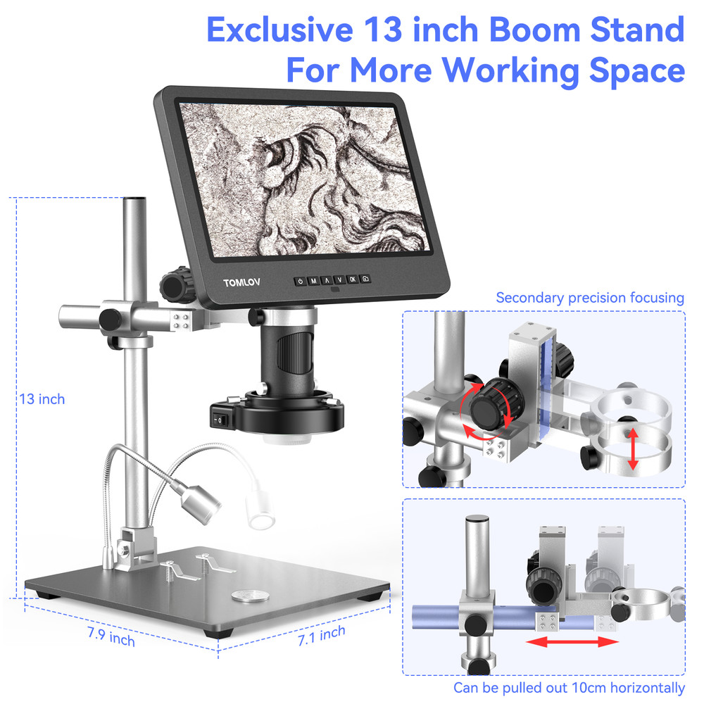TOMLOV 10" Digital Microscope HDMI 2000X 3*Lens & Boom Arm Stand Coin Microscope