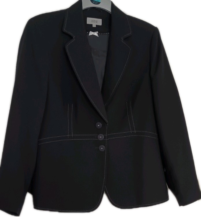 Ladies Black Three Button Closure Stitch Trim Lined Collared Jacket Size 22