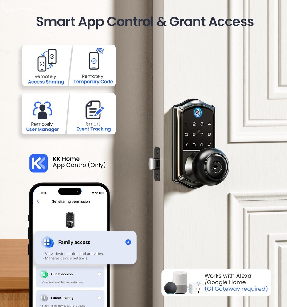 VE018 Smart Knob Handle Lock - Fingerprint, App Control, Keyless Entry for Fr...