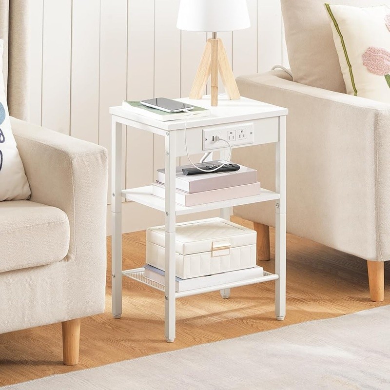 Multi-Functional Side Table W/ Outlets USB Adjustable Shelves Easy Assembly