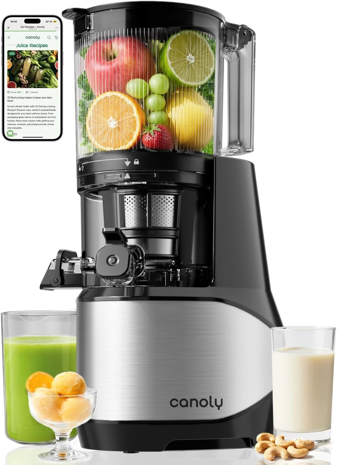 Canoly C09 Cold Press Juicer, 6" Extra Wide Feed Chute, 3-IN-1 Strainers (Juice