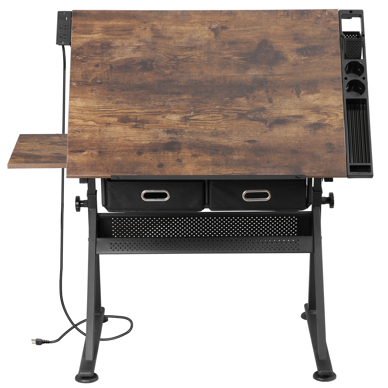 Drafting Table Drawing Desk Adjustable Tabletop w/Charging Station & Stool Retro