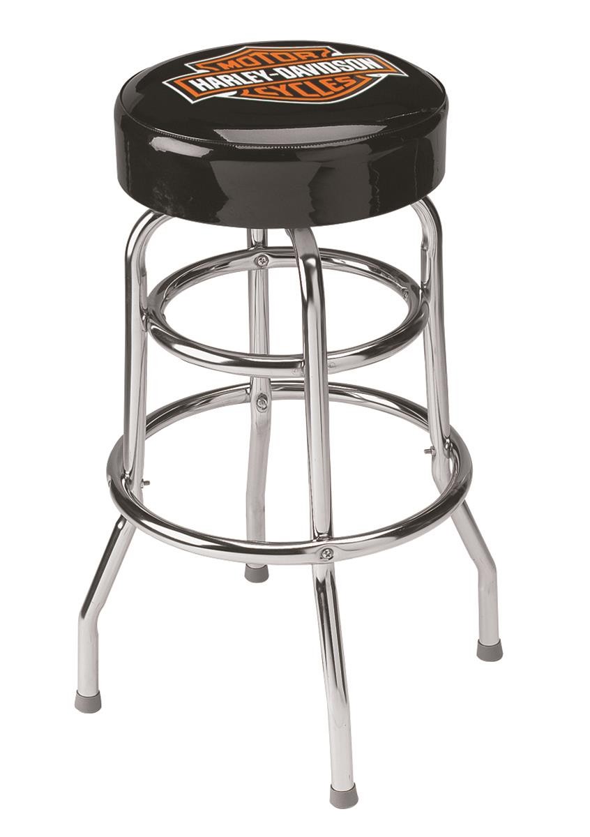 Bar Stool Chrome Legs Black Vinyl Padded Seat Rotates 360 Deg Harley-Davidson