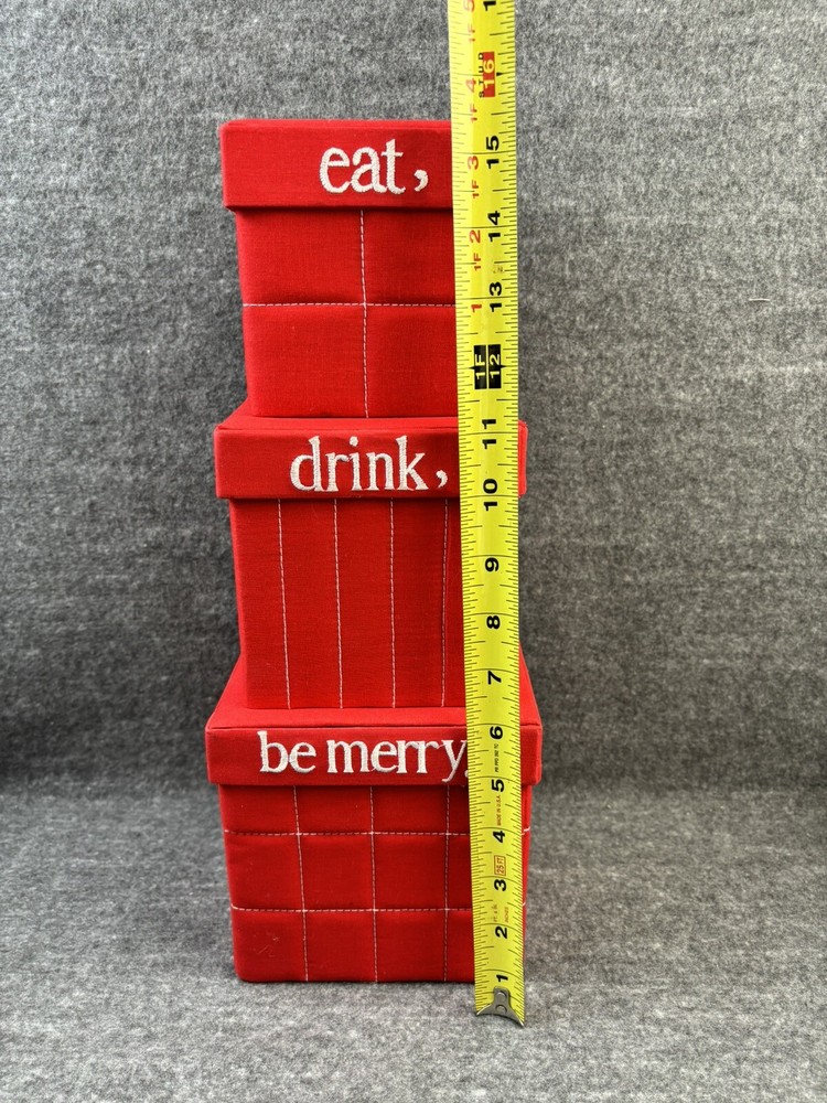 3 PIECE FABRIC QUILTED STACKING NESTING CHRISTMAS BOXES DECOR EAT DRINK BE MERRY
