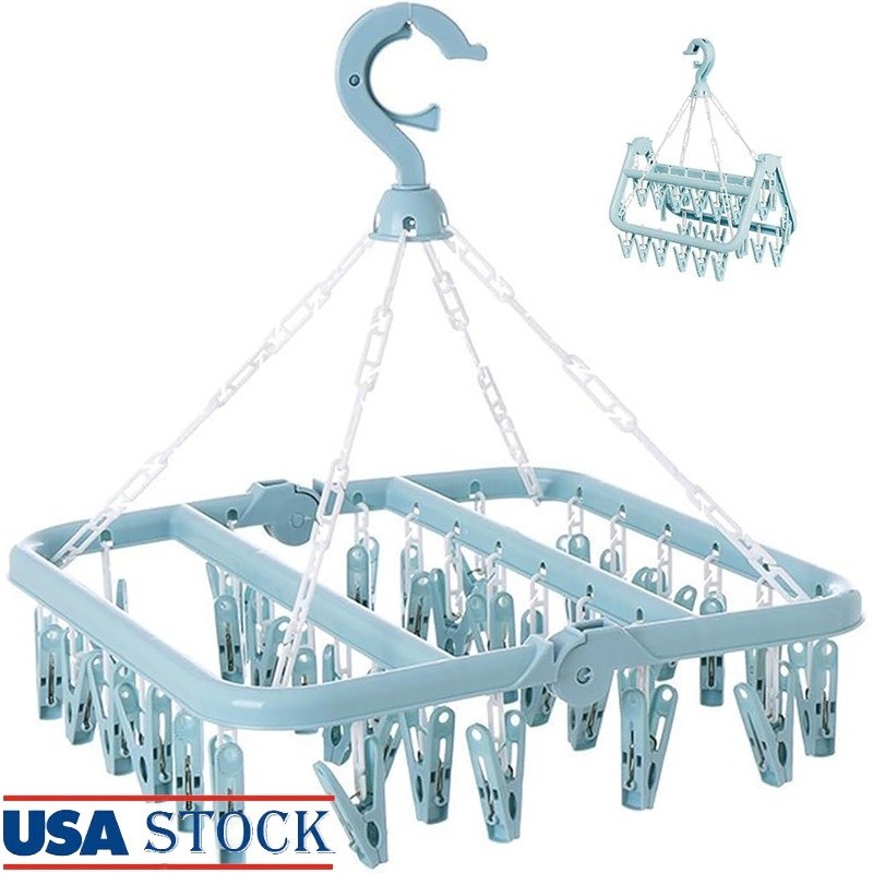 Foldable Drying Rack W/ 32 Clips Rotating Hook Space Saving Laundry Organizer US