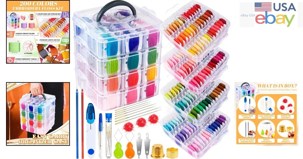 262-Piece Multicolor Embroidery Thread Set with Sewing Tools and Storage Box