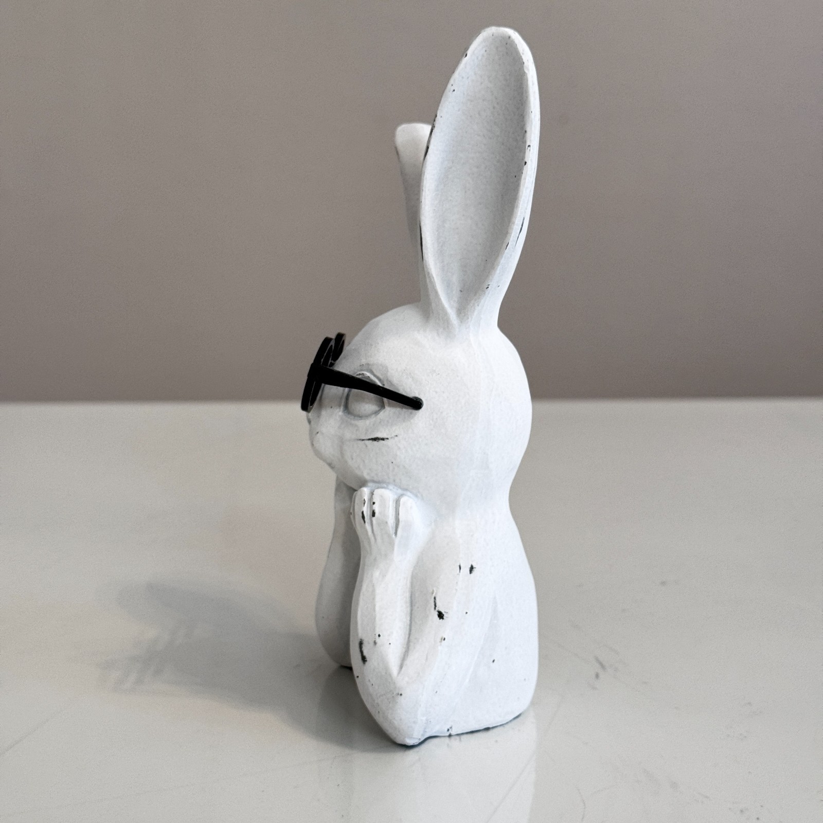 White Rabbit Bunny Bust with Glasses Handmade Carved Figurine Easter Decor 7''