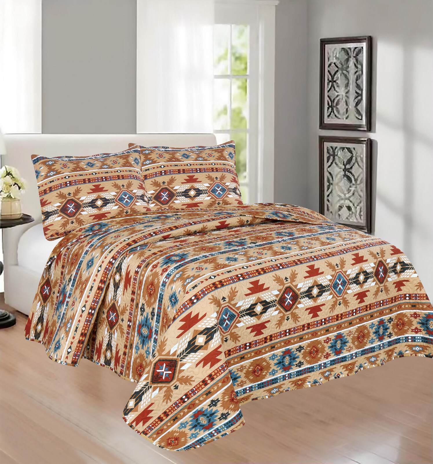 Western Southwestern Native American Tribal Navajo Design Bedspread Quilt Set
