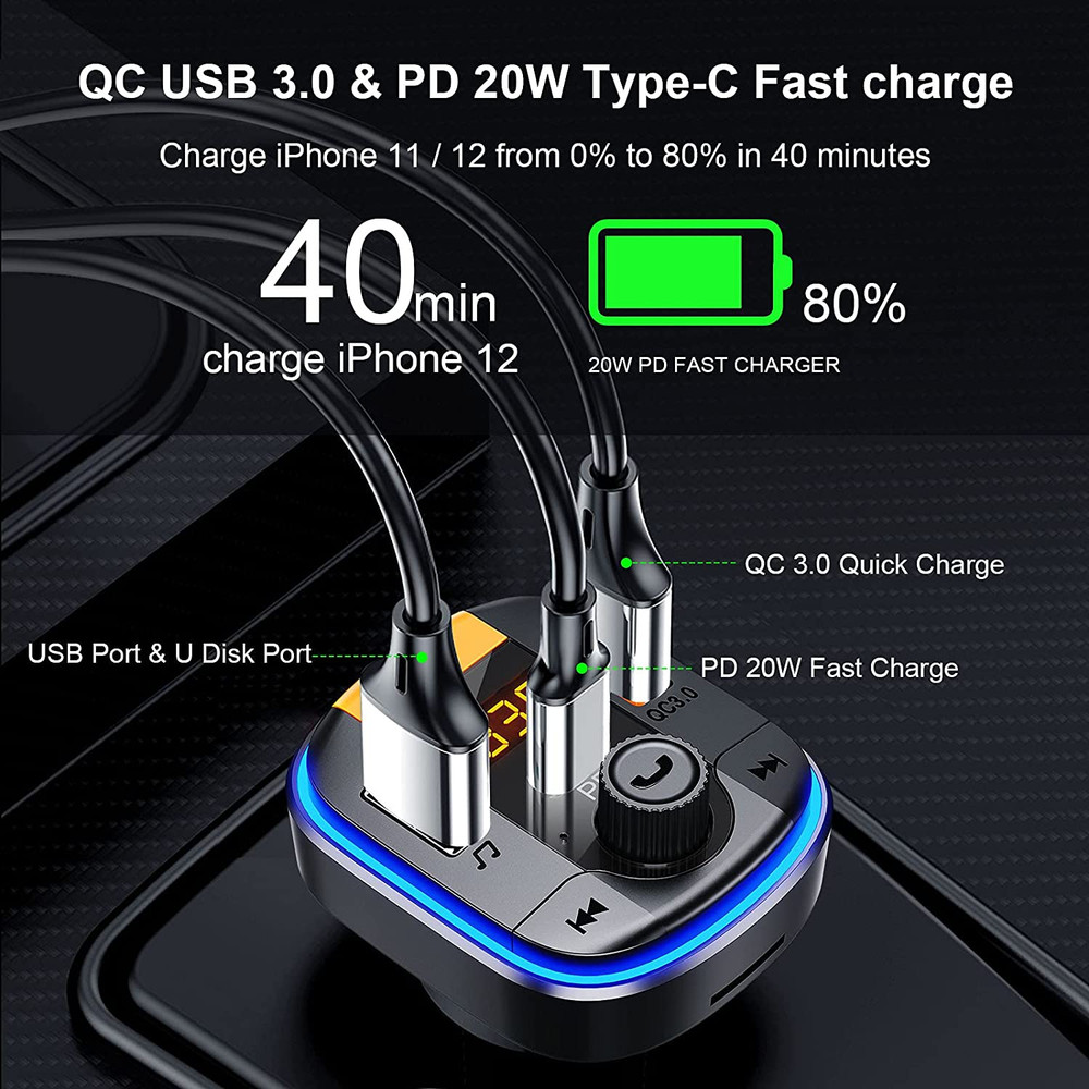 Bluetooth FM Transmitter Car Adapter PD20W QC3.0 Hands Free Charger