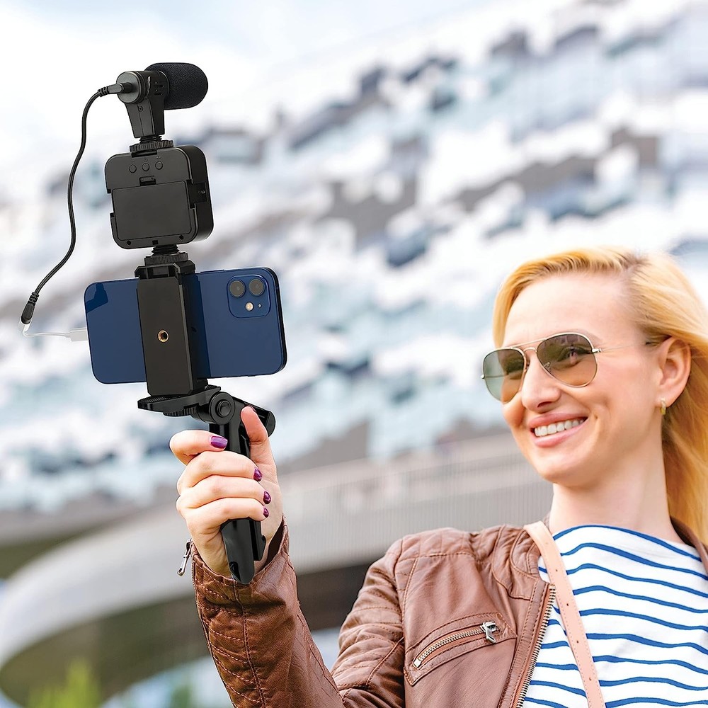 Smartphone Vlogging Kit for iPhone/Android w/ Light+Microphone+Tripod+Holder