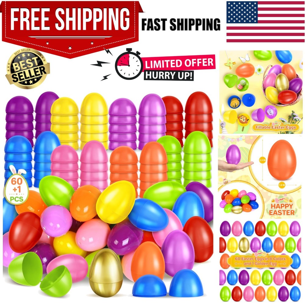 2.3” Unfilled Easter Eggs, 60 pcs Colorful Egg Plus 1 Golden Egg, Empty Plast...