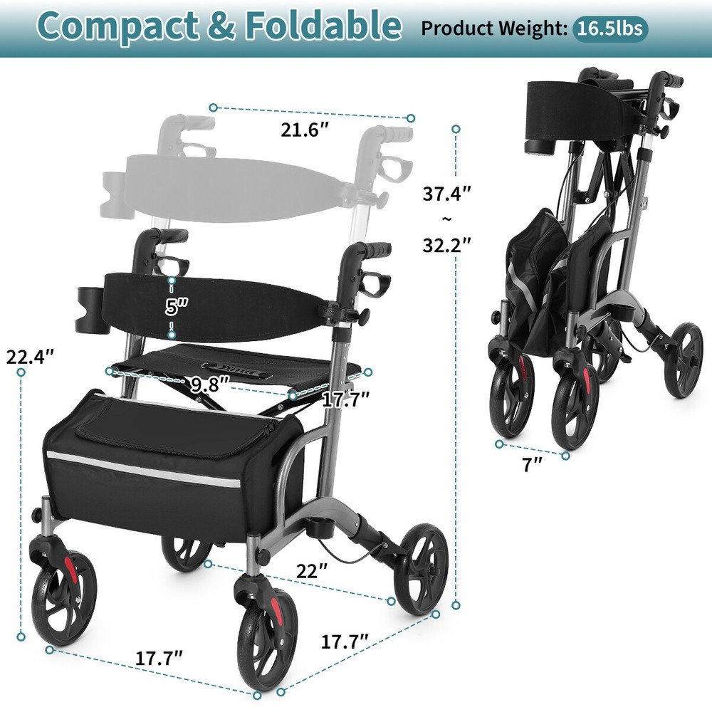 Foldable Rollator Walker with Seat for Seniors, 4x Wheels, Foldable,Adjustable