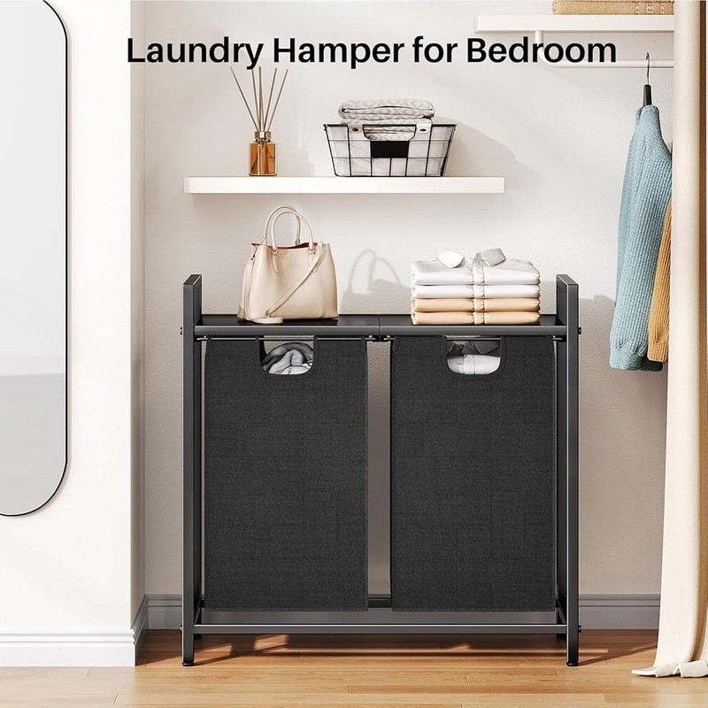 Laundry Basket Organizer 2 Removable Bags Pull-Out Design Laundry Hamper Shelf