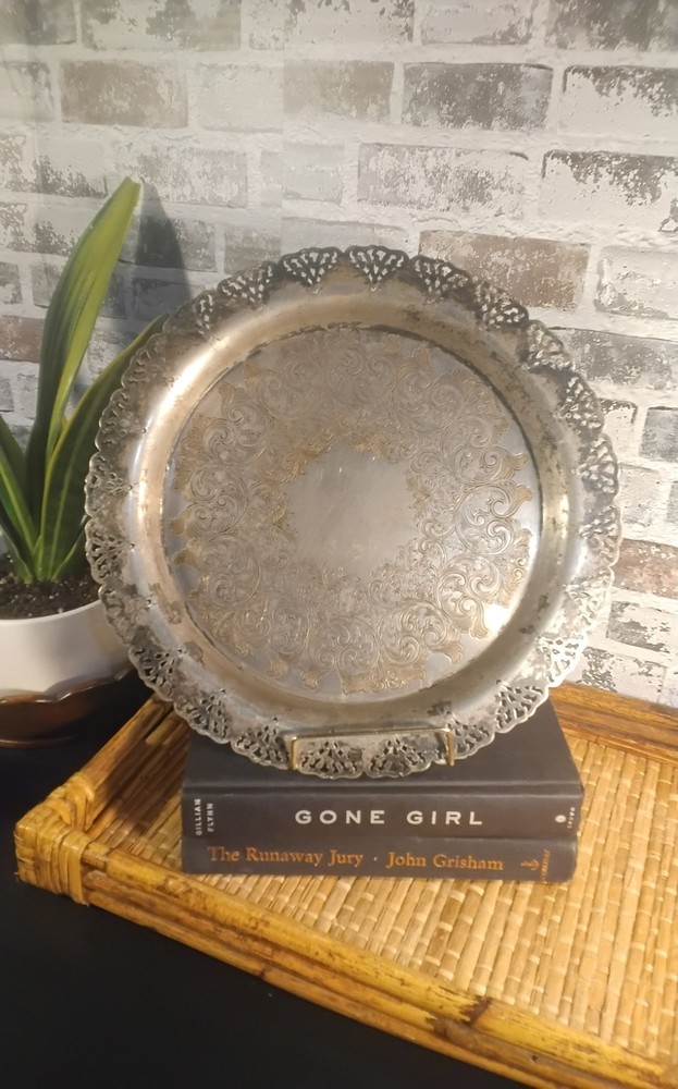 Home Decorators Silver Plated Round Tray Platter Reticulated scalloped 12.75”