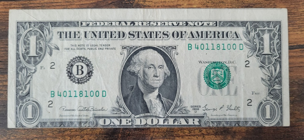 Miscut error one dollar bill $1 shifted print 1969D