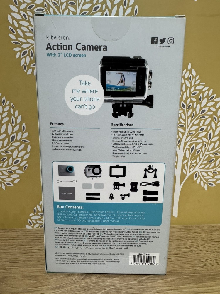 KITVISION 720p 5MP Action Camera with 2 Inch LCD Screen AND ACCESSORIES